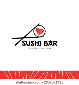 Sushi Roll Logo Design Illustration Abstract on White Background. Love Japan Cuisine. Heart Shaped Salmon with Chopsticks for Branding Identity, Banner, Outdoor Advertising, Web, Menu.