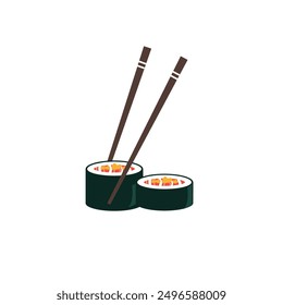 Sushi roll logo minimalis template with chopsticks. Traditional Japanese cuisine, Asian Sushi
