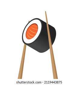 Maki de rollo de sushi con vector de salmón y palillos aislados en fondo blanco, clipart fresca sabrosa de los platos asiáticos o japoneses, palo de madera y mariscos, idea de logotipo