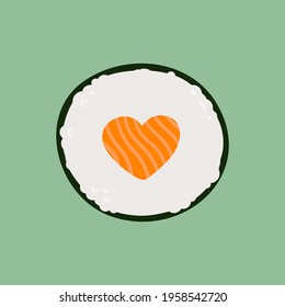 Sushi roll maki with salmon, top view. A cutaway image of a heart. Vector cartoon illustration on a green background.