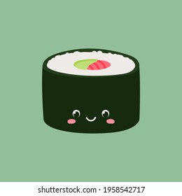 Sushi roll maki with tuna, side view. Cute character design. Vector cartoon illustration on a green background.
