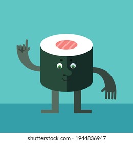 Sushi Roll haciendo gesto de atención con el dedo índice. Caricatura con cara. Ilustración vectorial de estilo plano sobre fondo azul.