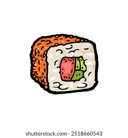 Sushi roll masago. Side view. Isolated on white background. Vintage color vector engraving