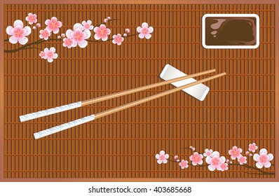 Sushi roll mat. Devices for Asian cuisine. Sakura blossom branches. Vector