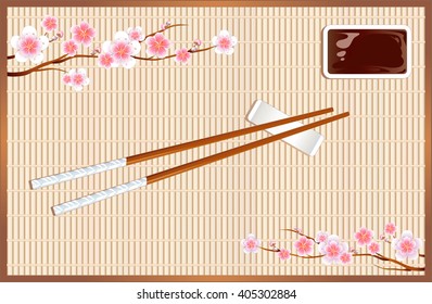 Sushi roll mat. Devices for Asian cuisine. Sakura blossom branches. Vector