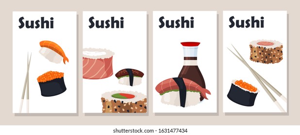 Sushi roll menu cards vector illustration.