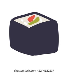 Rollo de sushi con ilustración vectorial de nori y verduras. Dibujo gráfico dibujado a mano para el menú de comida asiática, pegatinas, arte mural, logo del restaurante