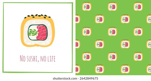 Sushi roll with omelet and tuna cartoon seamless pattern. Traditional Asian Japanese food boundless background. Sushi seafood endless vector design for paper print fabric wrapper backdrop template