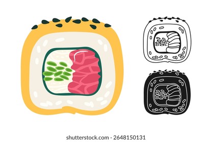 Sushi roll with omelette, tuna symbol cartoon set. Traditional Asian Japanese food linear doodle icon. Sushi seafood vector illustration. Stylized doodle design sign for oriental menu, cafe bar