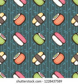 Sushi roll on bamboo texture. Seamless vector pattern. Design for japan menu, wrapping paper and pack.