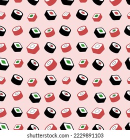 Sushi roll on pink background, seamless pattern, vector. Pattern from sushi rolls on a pink background.
