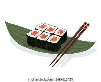 Sushi roll on the plate with chopstick. Fresh japan or chinese food with salmon. Seafood on the plate. Isolated flat illustration