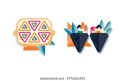 Sushi Roll on Plate Flat Icon Vector Set