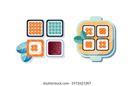 Sushi Roll on Plate Flat Icon Vector Set