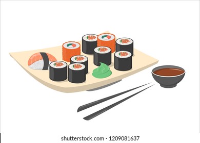 Sushi roll on the plate with wasabi and black chopstick. Fresh japan or chinese food with salmon. Seafood on the plate. Isolated flat vector illustration