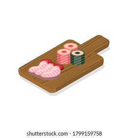 Sushi Roll on a Wooden Cutting Board Isometric Icon Isolated in White