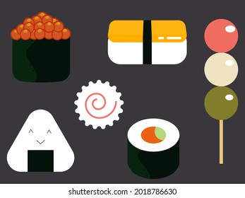 Sushi roll, onigiri, dango, naruto vector set. Japanese cuisine, traditional food. 