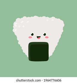 Sushi roll onigiri with nori, side view. Cute character design. Vector cartoon illustration on a green background.