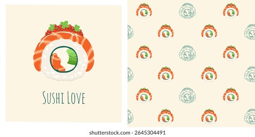 Sushi roll Philadelphia cartoon seamless pattern. Traditional Asian Japanese food boundless background. Sushi seafood endless vector design for paper print fabric textile wrapper backdrop template