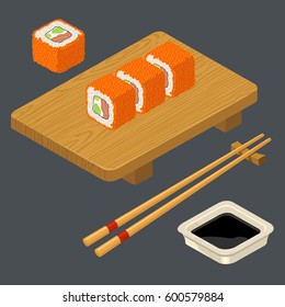 Sushi roll Philadelphia with fish, caviar, cream cheese, avocado, chopsticks, soy sauce in bowl and wood serving board. Isolated on gray background. Vector flat color illustration. For icon and menu