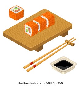Sushi roll Philadelphia with fish, cream cheese, avocado, cucumber, chopsticks, soy sauce in bowl and wood serving board. Isolated on white background. Vector flat color illustration. For icon, menu