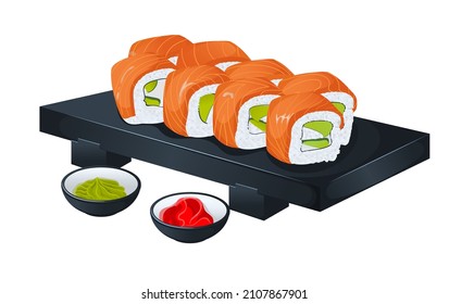 Rollo de sushi - Filadelfia con salmón, pepino, aguacate, queso crema sobre una mesa negra. La cocina japonesa en el restaurante. La comida japonesa. Aislado sobre fondo blanco. Estilo plano.Ilustración vectorial