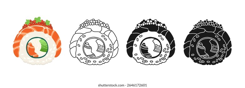 Sushi roll Philadelphia symbol cartoon set. Traditional Asian Japanese food linear doodle icon. Sushi seafood vector illustration. Stylized doodle design sign for oriental menu, cafe, bar, restaurant