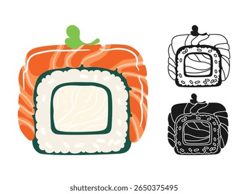 Sushi roll Philadelphia symbol cartoon set. Traditional Asian Japanese food linear doodle icon. Sushi seafood vector illustration. Stylized doodle design sign for oriental menu, cafe, bar, restaurant