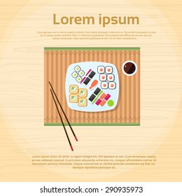 Sushi Roll Plate Food Top View Flat Vector Illustration