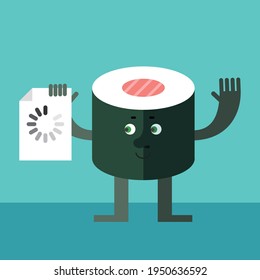 Sushi Roll with preloader icon. Cartoon character with face. Flat style vector illustration on blue background.