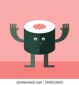 Sushi Roll raising hands. Cartoon character with face. Flat style vector illustration on salmon background.