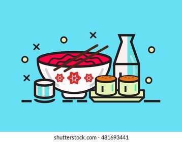 Sushi roll, ramen and sake. Japanese food meal.  flat line design elements. vector illustration