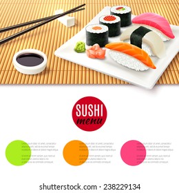 Sushi roll realistic and bamboo mat with chopsticks and soy sauce japanese menu background vector illustration