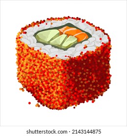 Sushi roll with red masago, cucumber and salmon. Isolated vector illustration.