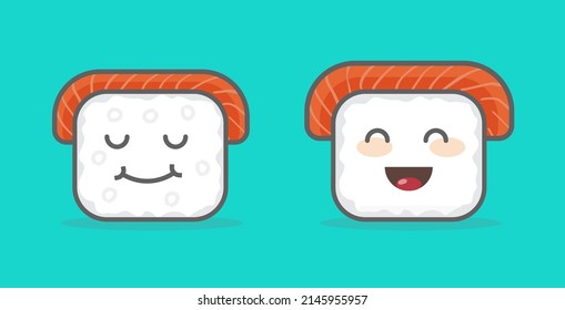 Sushi roll rice food cartoon icon vector character or cute funny comic maki sashimi with salmon graphic image isolated on blue color background line outline art design happy smiling