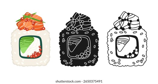 Sushi roll with rice and salmon symbol cartoon set. Traditional Asian Japanese food linear doodle icon. Sushi seafood vector illustration. Stylized doodle design sign for menu, cafe, bar, restaurant