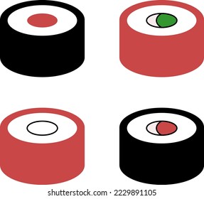 Forma redondeada de rollo de sushi, vector de icono. Dibujar iconos en rojo y negro.