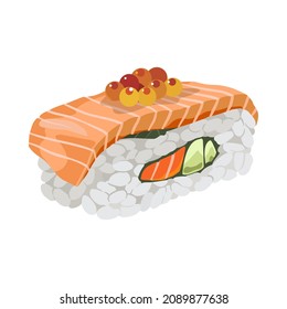 Sushi roll with salmon, avocado and caviar. Hand drawn food icon vector illustration.