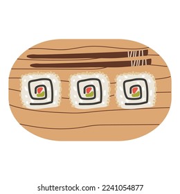 Sushi roll with salmon, avocado, cheese and sesame seeds on wooden plate. Cute hand drawn cartoon illustration for asian food menu, stickers, wall art, restaurant logo