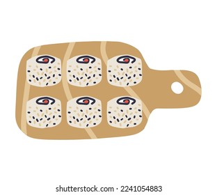 Sushi roll with salmon, avocado, cheese and sesame seeds on wooden plate. Cute hand drawn cartoon illustration for asian food menu, stickers, wall art, restaurant logo