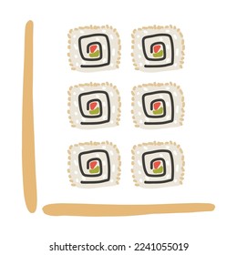 Sushi roll with salmon, avocado, cheese and schopsticks. Cute hand drawn cartoon illustration for asian food menu, stickers, wall art, restaurant logo