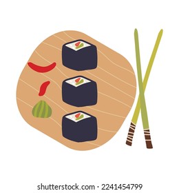 Sushi roll with salmon, avocado, nori, wasabi, ginger on wooden plate. Cute hand drawn cartoon illustration for asian food menu, stickers, wall art, restaurant logo