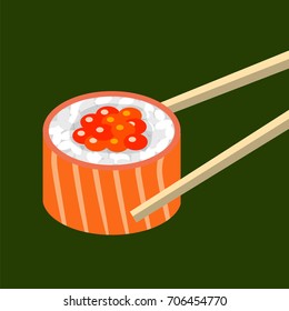 Sushi roll with salmon and caviar icon, vector illustration