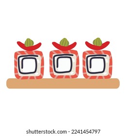 Sushi roll with salmon and cheese on wooden plate. Cute hand drawn cartoon illustration for asian food menu, stickers, wall art, restaurant logo