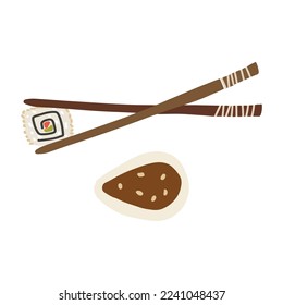 Sushi roll with salmon, chopsticks, soy sauce. Cute hand drawn cartoon illustration for asian food menu, stickers, wall art, restaurant logo