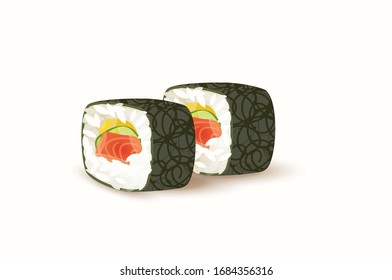 Sushi Roll with salmon, eel, tuna, avocado, royal prawn, cream cheese Philadelphia, caviar tobica, chuka vector illustration