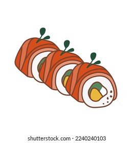 Sushi roll with salmon and mango. Suitable for restaurant banners, logos, and fast food advertisements. Japanese food. Asian food.