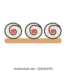 Sushi roll with salmon and nori rice on wooden plate. Cute hand drawn cartoon illustration for asian food menu, stickers, wall art, restaurant logo