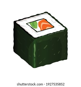 Sushi roll with salmon, rice, avocado, cheese and nori. Vector illustration of traditional Japanese food for stickers, web, site, menu, store, restaurant, icons. Futomaki.