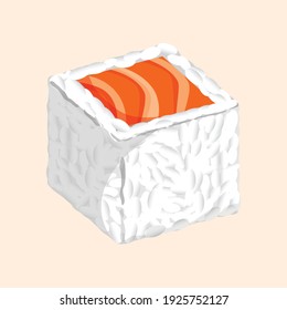 Sushi roll with salmon and rice. Vector illustration of traditional Japanese food for stickers, web, site, menu, store, restaurant, icons. California roll. Uramaki.